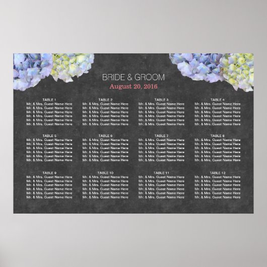Chalkboard Blue Hydrangea Wedding Seding Chart Poster (Voorkant)
