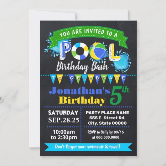 Chalkboard Blue Pool verjaardag zomer bash Kaart (Voorkant)