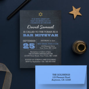 Chalkboard Blue Star van David Bar Mitzvah Kaart
