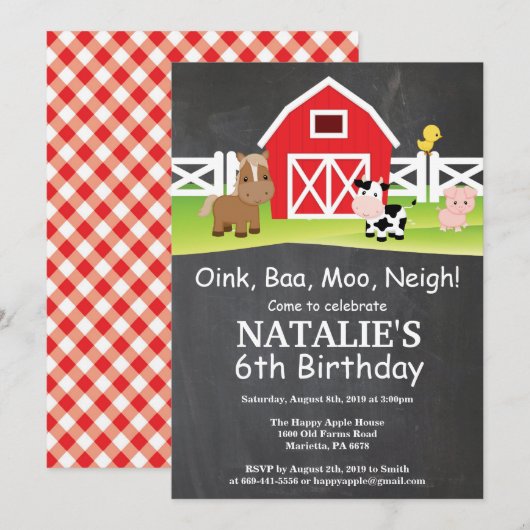 Chalkboard Boerderij Birthday Invitation Barnyard  Kaart (Voorkant / Achterkant)