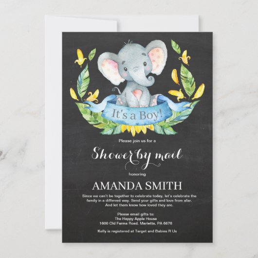 Chalkboard Boy Elephant Baby shower per Mail Kaart (Voorkant)