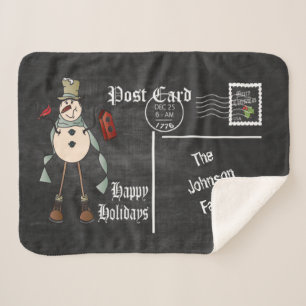 Chalkboard Briefkaart Old Fashion Blue Snowman Sherpa Deken