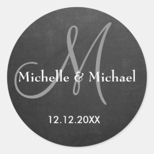 Chalkboard bruid en bruidegom monogram ronde sticker
