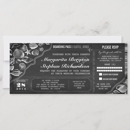 Chalkboard bruiloft boarding pass tickets kaart (Voorkant)