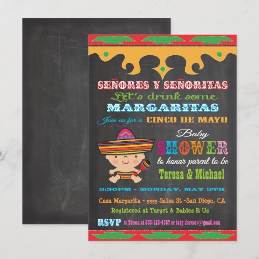 Chalkboard Cinco de Mayo Bébé invitations douche (Devant / Derrière)