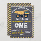 Chalkboard Construction 1st Birthday Invitation Kaart (Voorkant / Achterkant)