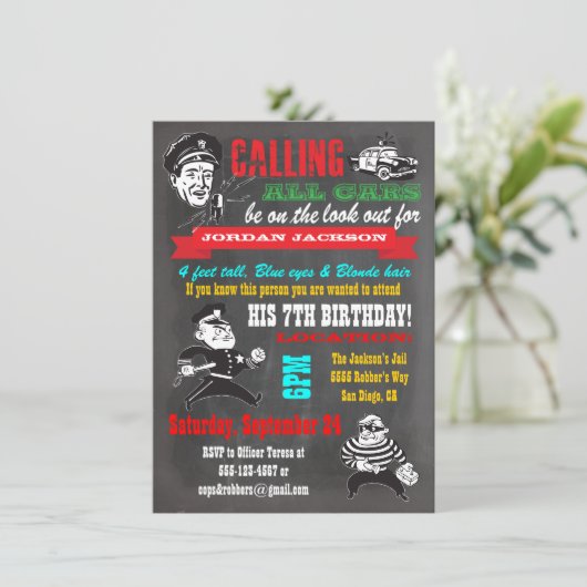 Chalkboard Cops and Robbers Party Uitnodiging (Staand voorkant)