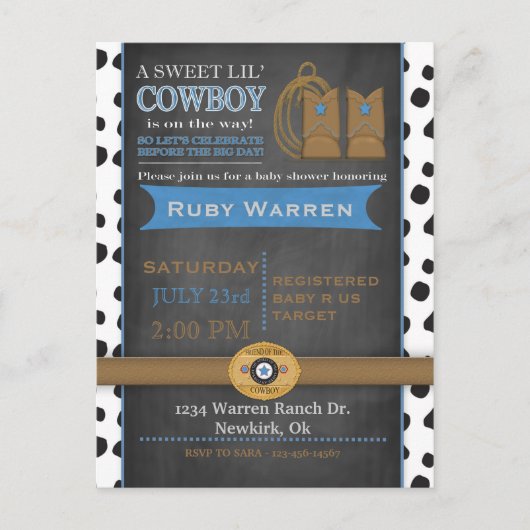 Chalkboard Cowboy Baby shower Uitnodiging Briefkaart (Voorkant)