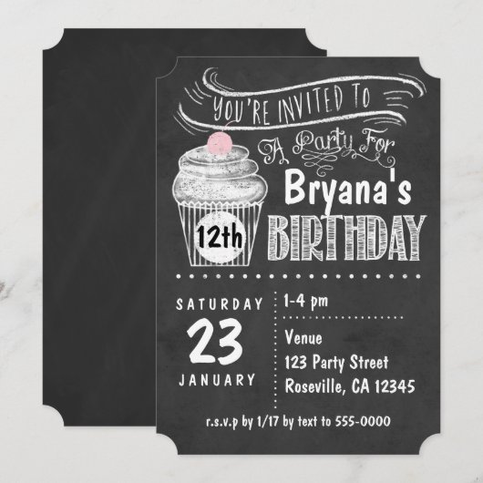 Chalkboard Cupcake verjaardagsfeestje uitnodiginge Kaart (Voorkant / Achterkant)