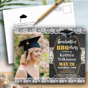 Chalkboard Cute Lace 2 Photo Afstuderen Invitation Briefkaart