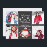 Chalkboard Cute Snowman 4 Carte de voeux photo<br><div class="desc">Carte de voeux de Noël populaire et tendance pour quatre photos de famille avec un bonhomme de neige mignon avec un casquette rouge et des mitaines rouges entouré de flocons de neige éparpillés sur un tableau noir élégant, chic et branché. Jolie petite carte de noël pour présenter votre belle famille...</div>