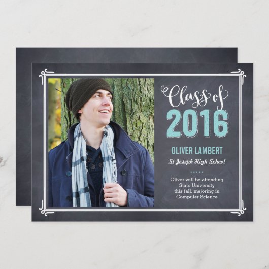 Chalkboard Delight Graduation Faire-part Bleu (Devant / Derrière)