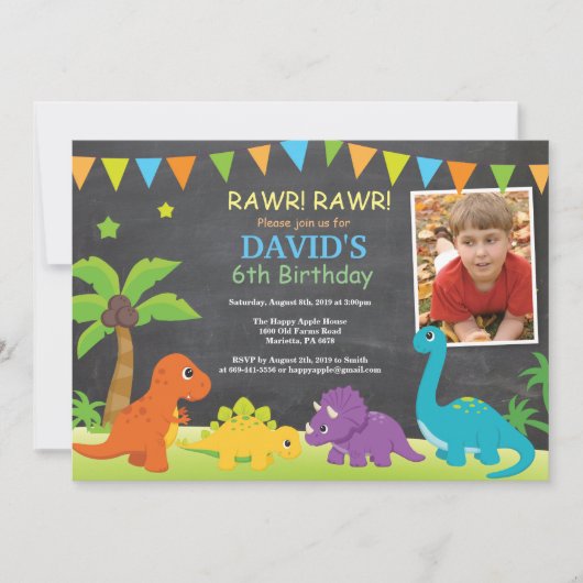 Chalkboard Dinosaur Birthday Invitation Dino Party Kaart (Voorkant)