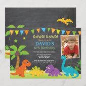 Chalkboard Dinosaur Birthday Invitation Dino Party Kaart (Voorkant / Achterkant)