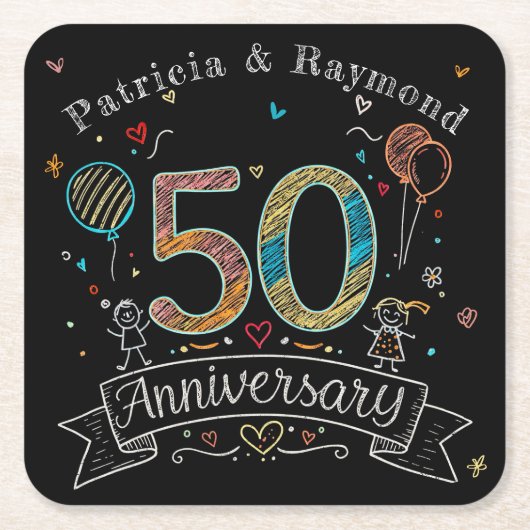 Chalkboard Doodles 50e Jubileum gepersonaliseerd Vierkante Kartonnen Onderzetter (Voorkant)