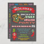 Chalkboard Douille moche Noël Fête Invitation<br><div class="desc">Invitations de Noël Super cool Ugly Sweater avec l'illustration d'un pull moche,  d'une typographie amusante et de bannières sur un arrière - plan de tableau noir. Illustration tirée à la main par McBooboo.</div>