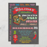 Chalkboard Douille moche Noël Fête Invitation<br><div class="desc">Invitations de Noël Super cool Ugly Sweater avec l'illustration d'un pull moche,  d'une typographie amusante et de bannières sur un arrière - plan de tableau noir. Illustration tirée à la main par McBooboo.</div>