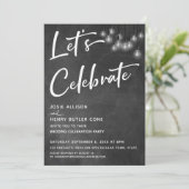 Chalkboard Edison Lights Modern Let's Celebrate Kaart (Staand voorkant)