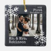 Chalkboard eerste kerst Mr. & Mrs Custom Foto Keramisch Ornament (Voorkant)