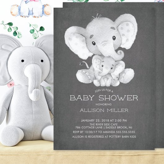 Chalkboard Elephant Neutraal Baby shower Invitatio Kaart