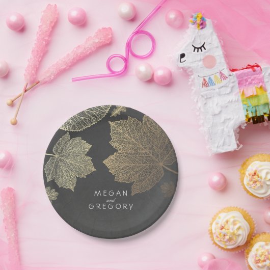 Chalkboard en Gold Fall Leaves Wedding Papieren Bordje (Feest)