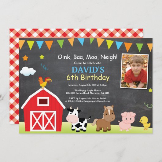 Chalkboard Farm Anniversaire Invitation Barnyard P (Devant / Derrière)