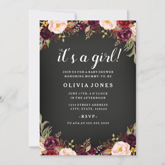 Chalkboard Floral Bourgogne Baby shower Invitation (Devant)