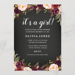 Chalkboard Floral Bourgogne Baby shower Invitation