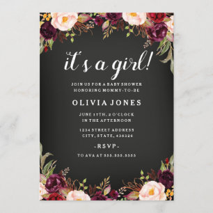 Chalkboard Floral Bourgondië Baby shower Uitnodigi Kaart