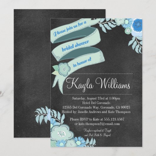 Chalkboard Floral Bridal Blauwgroen Kaart (Voorkant / Achterkant)