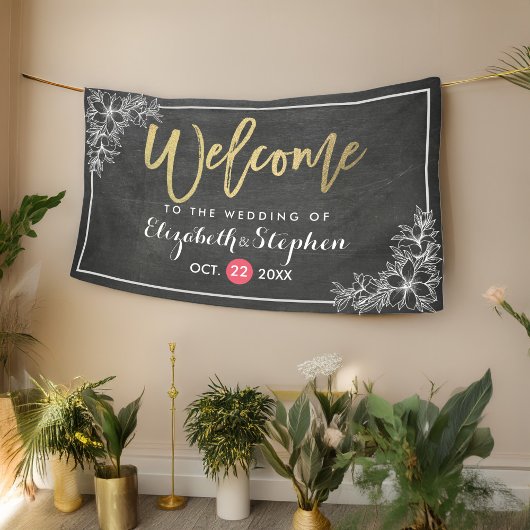 Chalkboard Floral Chic Gold Script Weduwschap Welk Spandoek