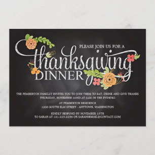 Chalkboard Floral Elegant Thanksgiving Dinner Kaart