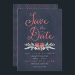Chalkboard Floral Enregistrer la carte Date<br><div class="desc">Élégant Enregistrer la date carte d'invitation avec belle florale contre un arrière - plan de tableau noir bleu, avec le mot "Enregistrer la date" dans la police de script moderne. Cette invitation comprend un côté arrière à motifs. Personnalisez-le avec vos détails en remplaçant le texte de l'espace réservé. Pour plus...</div>