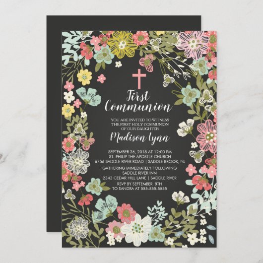 Chalkboard Floral First Holy Communion Invitation (Devant / Derrière)