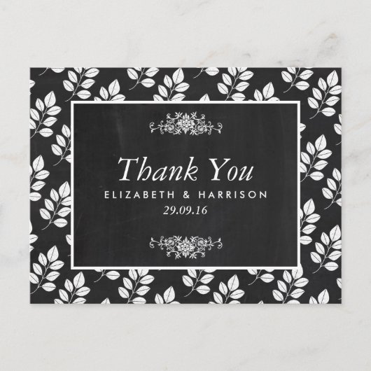 Chalkboard Floral Leaf Wedding Bedankt Briefkaart (Voorkant)