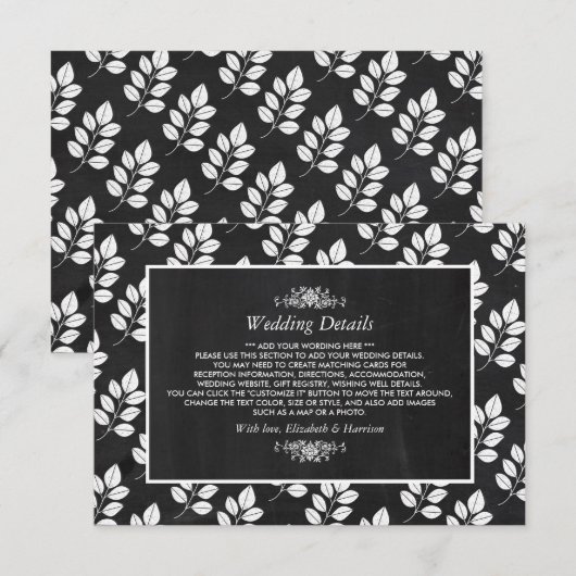 Chalkboard Floral Leaf Wedding Detail Informatiekaartje (Voorkant / Achterkant)