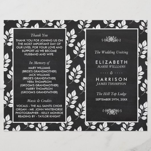 Chalkboard Floral Leaf Wedding Programme (Voorkant)