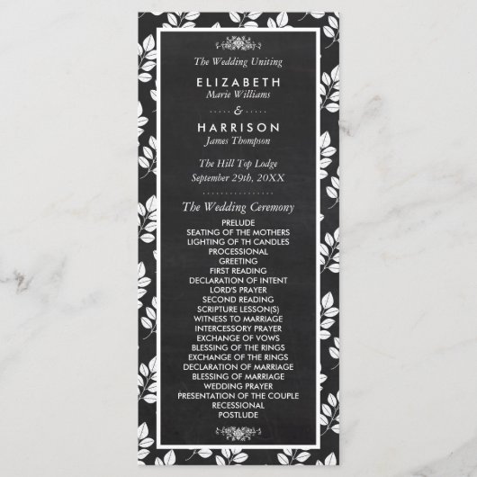 Chalkboard Floral Leaf Wedding Programme Programma (Voorkant)