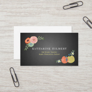 Chalkboard Floral Roos Apple Teacher Visitekaartje