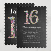 Chalkboard Floral Sweet 16 Invitation de fête d'an (Devant / Derrière)