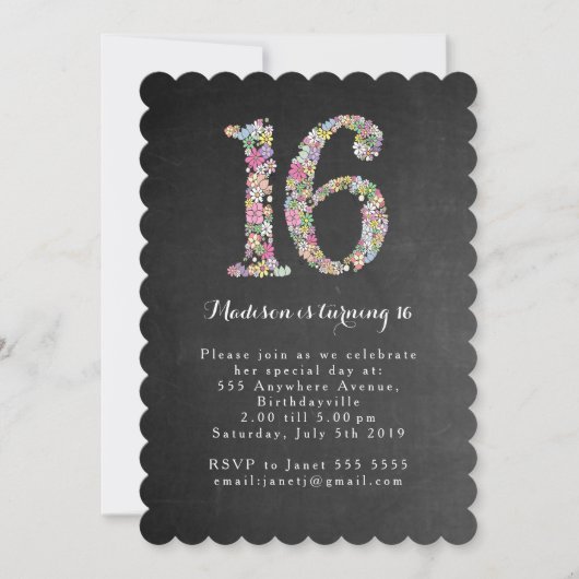 Chalkboard Floral Sweet 16 Invitation de fête d'an (Devant)