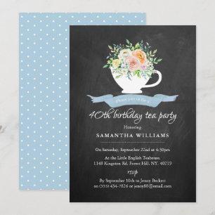 Chalkboard Floral Teacup Birthday Tea Party Kaart