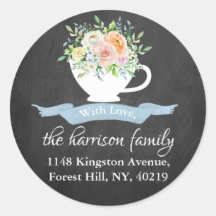 Chalkboard Floral Teacup Return Address Ronde Sticker