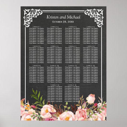 Chalkboard  Floral Wedding Seating Chart Poster (Voorkant)