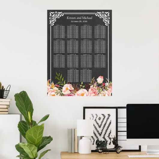 Chalkboard  Floral Wedding Seating Chart Poster (Thuiskantoor)
