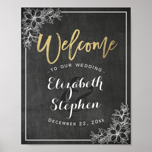 Chalkboard Floral Wedding Welcome Reception Sign. Poster (Voorkant)