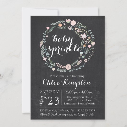 Chalkboard Floral Wreath Baby Sprinkle Invitation Kaart (Voorkant)