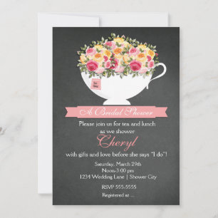 Chalkboard Flower Tea Cup Bridal Shower Uitnodigin Kaart