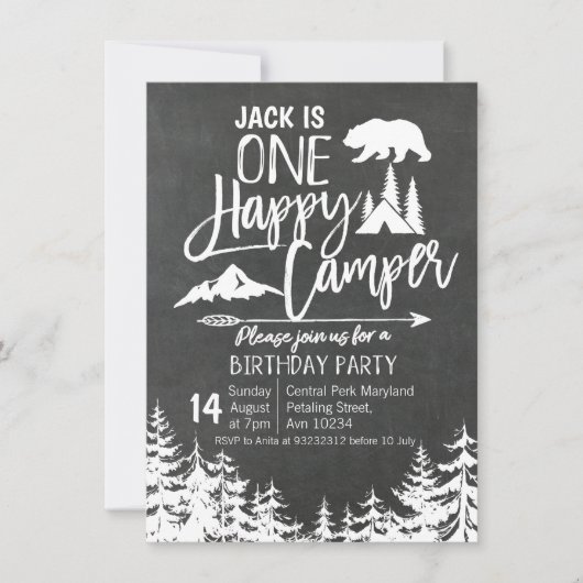 Chalkboard Forest Camping Birthday party camper Kaart (Voorkant)