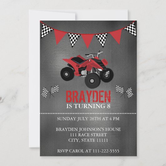 Chalkboard Four Wheeler, ATV Birthday Invitation Kaart (Voorkant)